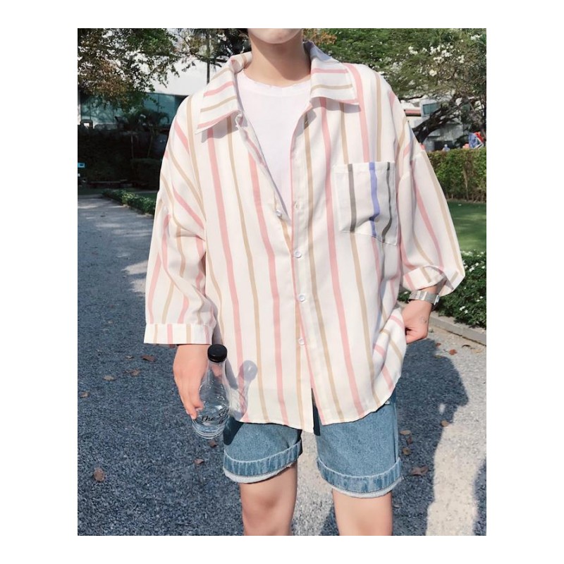 夏季bf风男士短袖衬衫小清新条纹休闲衬衣男宽松七分袖中袖寸衫潮