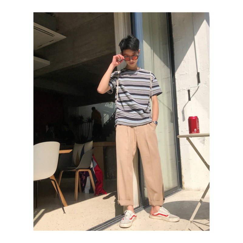帅气休闲条纹帅气T恤男圆领夏款bf原宿男生短袖小清新韩版体恤衫