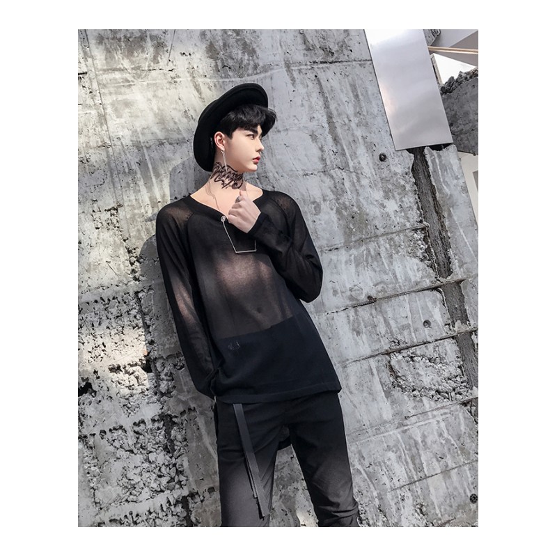 个性透视舞台演出服圆弧下摆设计长袖纯色T恤薄款暗黑潮男夜店dj