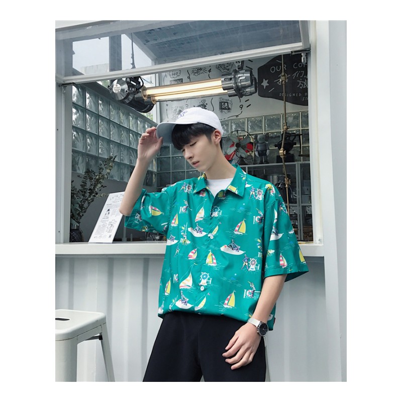 2018夏装年轻韩国日韩风男士印花衬衫宽松个性帅气沙滩衬衣男潮