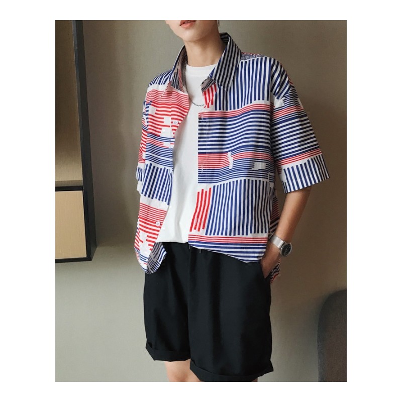 夏季条纹衬衫男短袖帅气帅气简约百搭男生寸衫上衣帅气衬衣薄