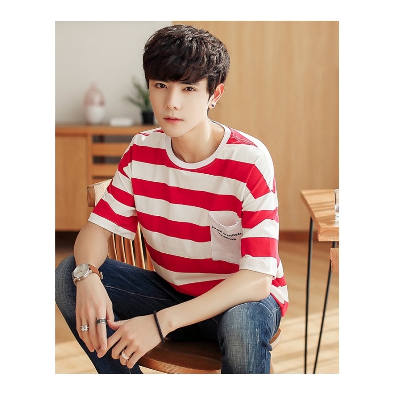 短袖T恤男青年年轻条纹上衣韩版潮牌青年宽松男士夏季五分袖体恤