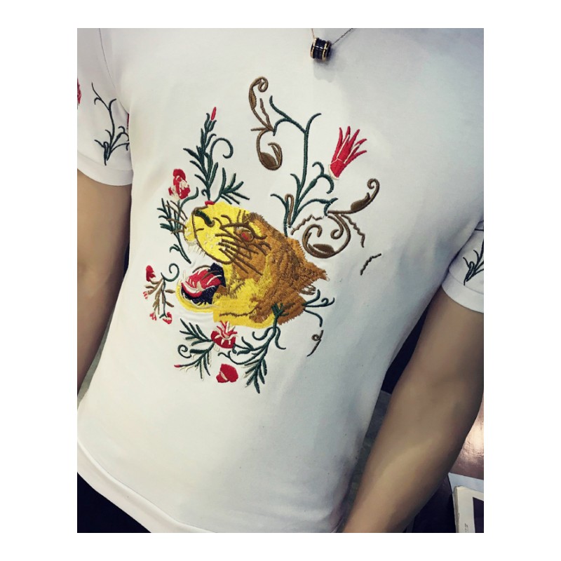 2018春夏季男士短袖T恤韩版修身圆领半袖夏装青年帅气刺绣上衣服