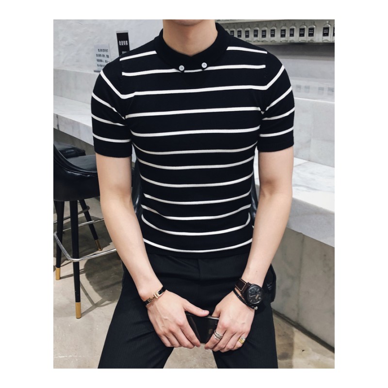 夏季年轻男士黑白条纹紧身短袖T恤英伦修身韩版半袖针织型师潮