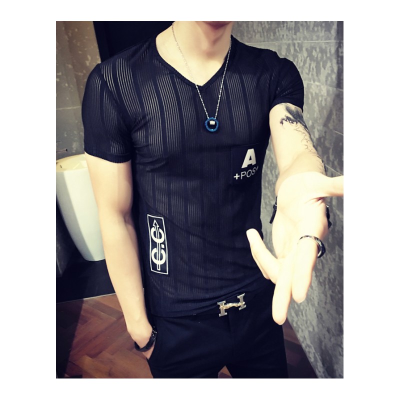 社会小伙精神骚气网纱透视V领短袖T恤青年男式夏季紧身半袖夜店dj