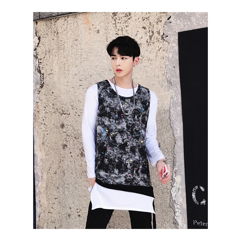 夜店酒吧演出服个性彩色泼漆下摆拼接背心T恤潮男帅气街头个性