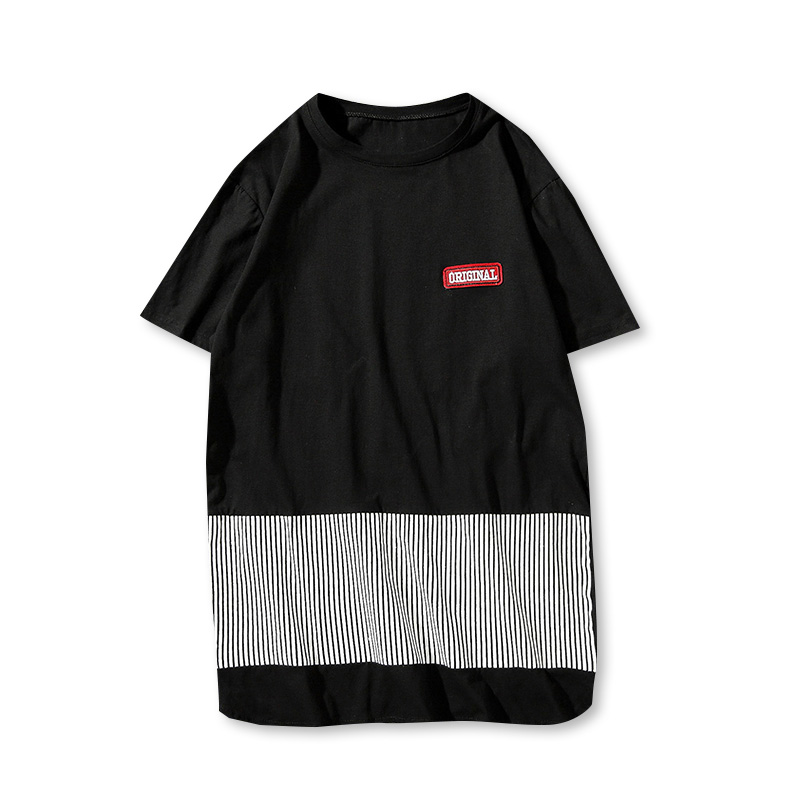 夏季男士圆领短袖T恤男加肥加大码宽松条纹拼接半袖T恤帅气男装5X