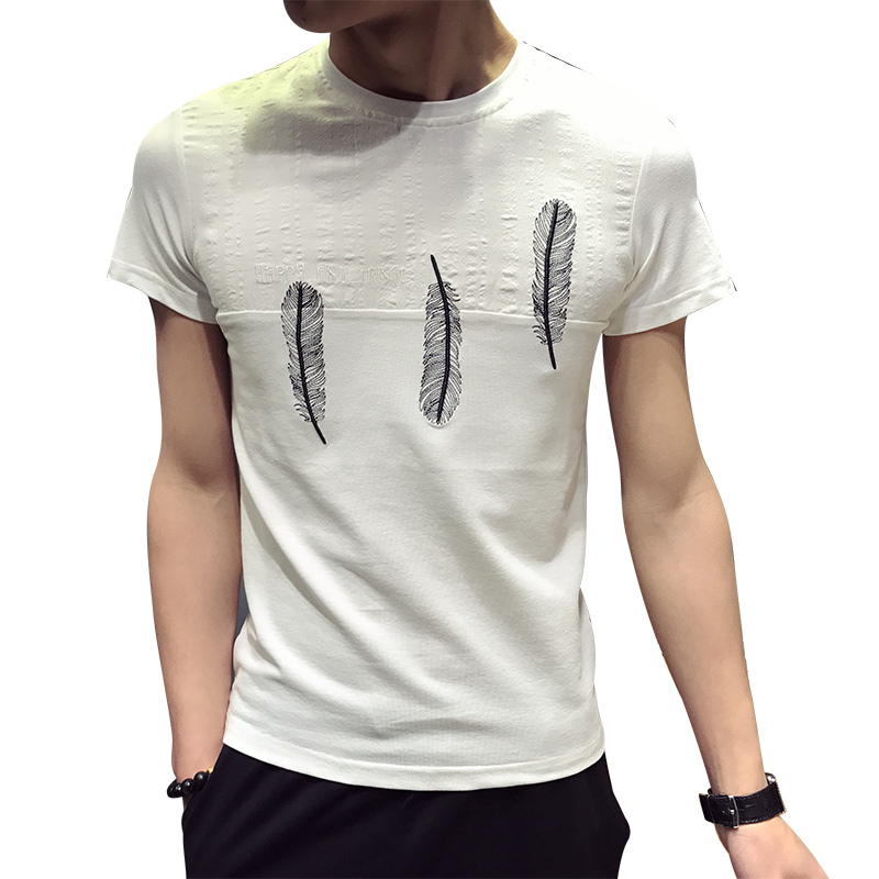 2018年轻夏装男士拼接刺绣羽毛工艺短袖T恤修身青年韩版半袖体恤