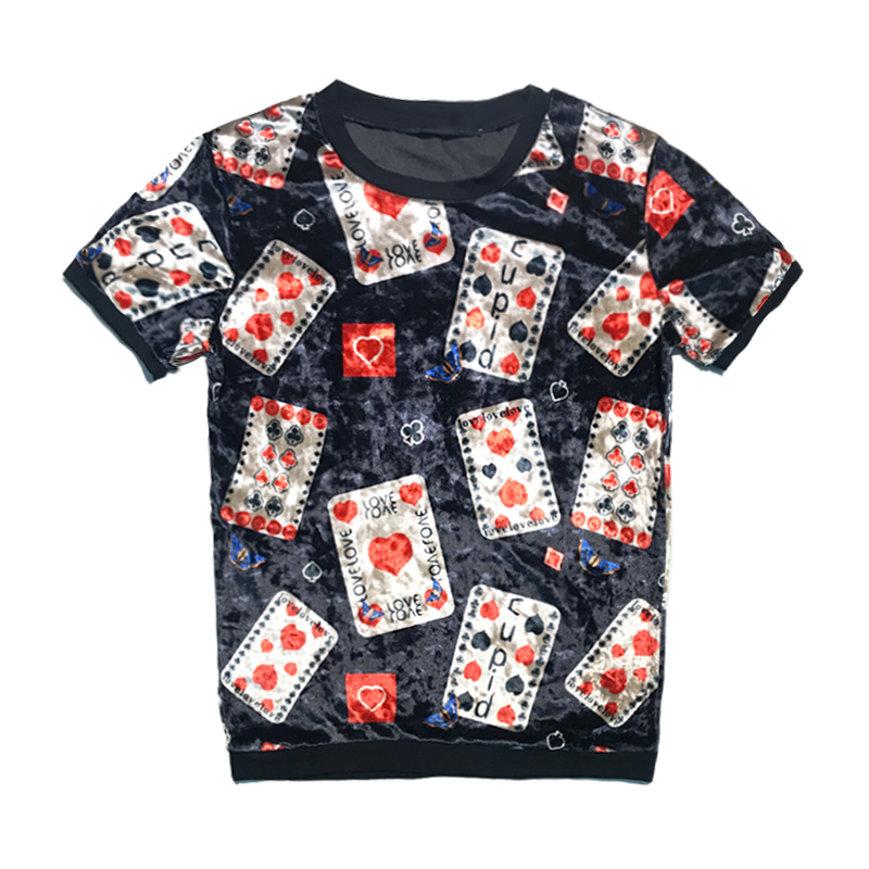 男士个性扑克牌韩版修身青年半袖男T恤2018夏圆领短袖修身T恤男