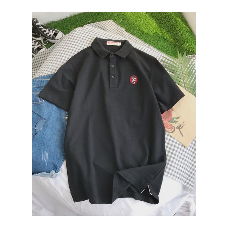 2018夏季年轻男装日系文艺休闲POLO短袖 创意刺绣衬衣领T恤百搭男