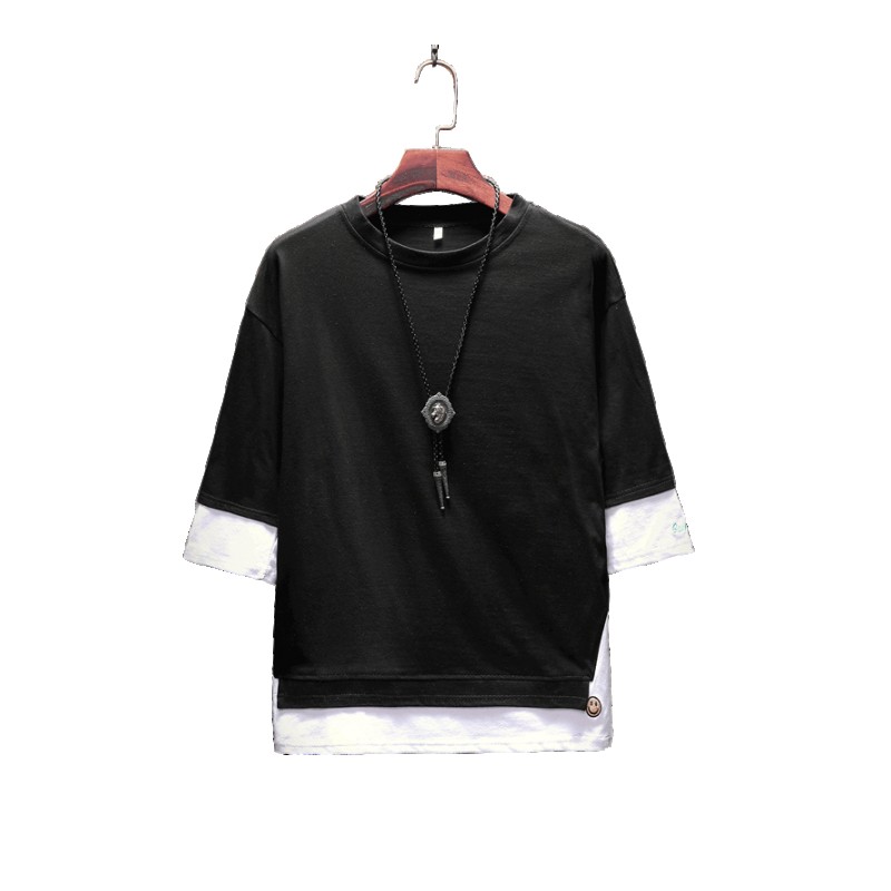 夏季假两件拼色短袖T恤男士加肥加大码宽松休闲半袖体恤衫帅气5XL