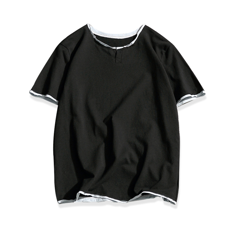 假两件V领短袖T恤男加肥加大码帅气胖薄款体恤圆领宽松夏季装日系