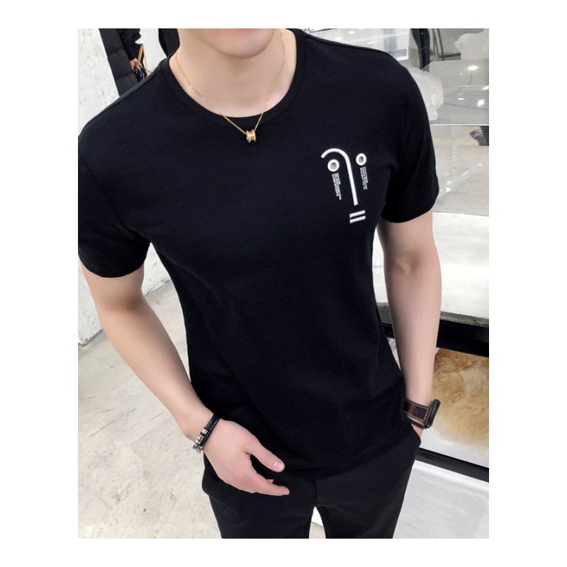 2018夏装年轻男士短袖T恤圆领休闲卡通黑色体恤衫修身男装半袖T恤