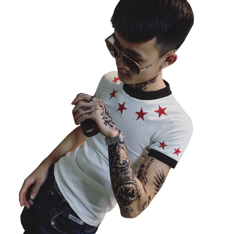 2018夏季领口刺绣五角星短袖男修身POLO衫T恤社会小伙紧身半袖潮