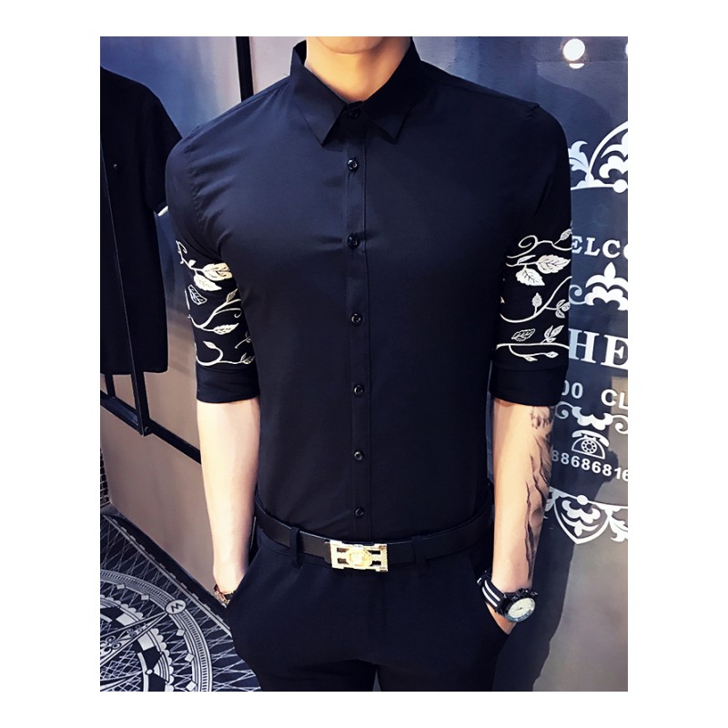 硬汉风2018春夏年轻男士衬衫5分袖树枝绣花衬衣青年帅气中袖寸衣