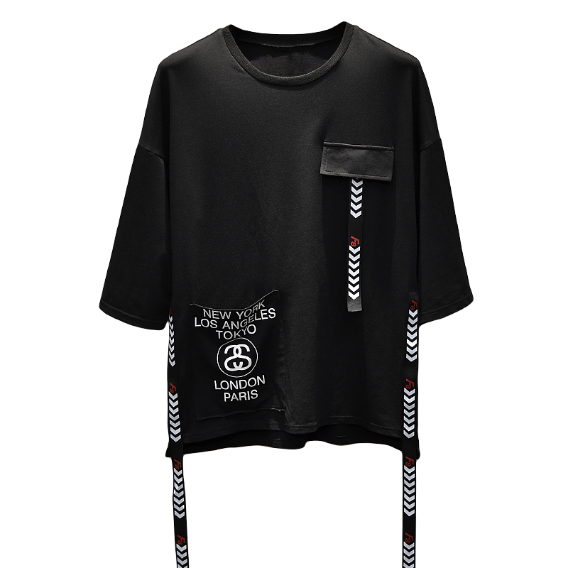 夏装国潮风个性印花织带七分袖T恤韩版街头宽松嘻哈青少年休闲TEE