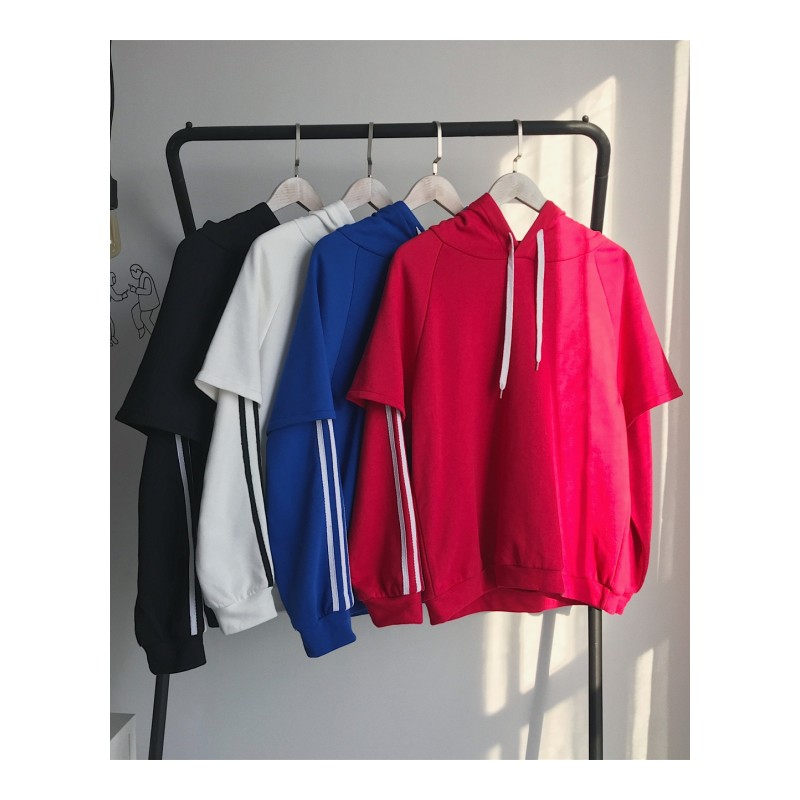 日韩2018春装男士纯色三条杠假两件卫衣韩版连帽外套港风休闲潮