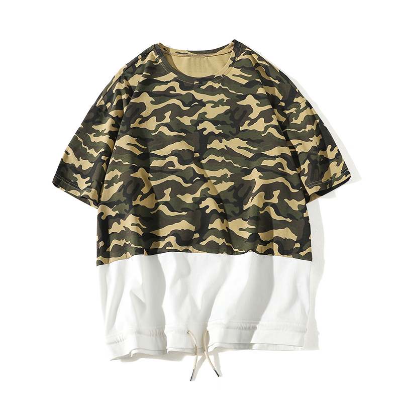 夏季帅气休闲个性下摆抽绳迷彩假两件帅气青少年韩版短袖T恤