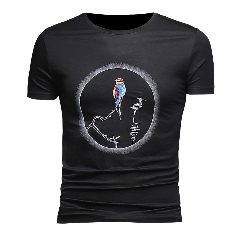 夏季2018年轻短袖男潮牌T恤圆领青年修身小鸟印花帅气帅气欧美风