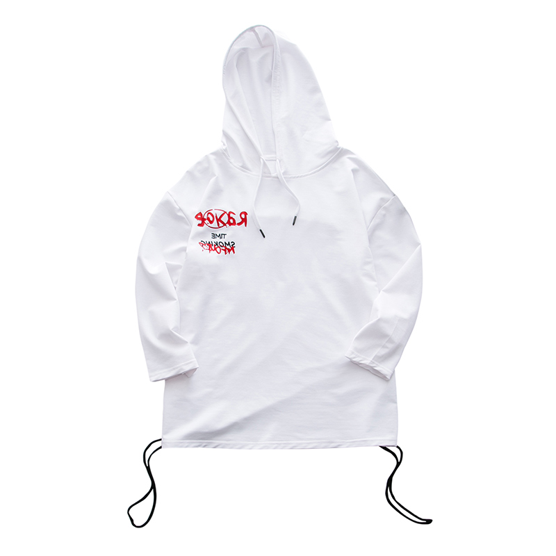 夏季年轻七分袖T恤男连帽港风韩版抽绳印花棉料学生百搭溜肩帽衫