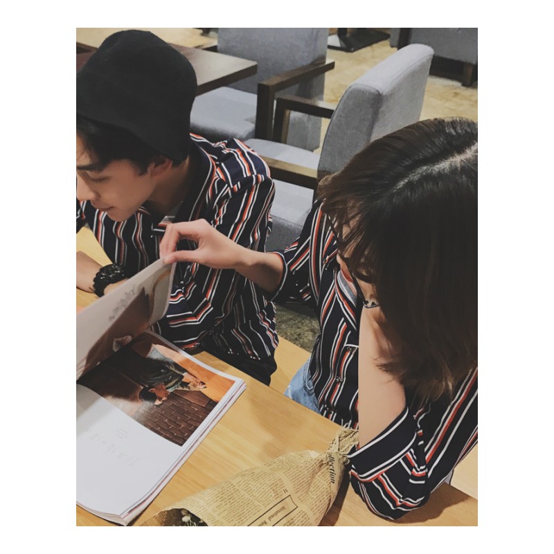 夏季韩版文艺情侣条纹中袖衬衫帅气男士餐厅酒吧廊工作服女寸衣