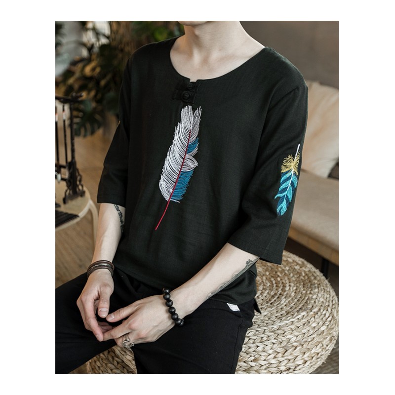 夏季薄款五分袖体恤男中国风亚麻刺绣短袖T恤圆领薄款青少年男装