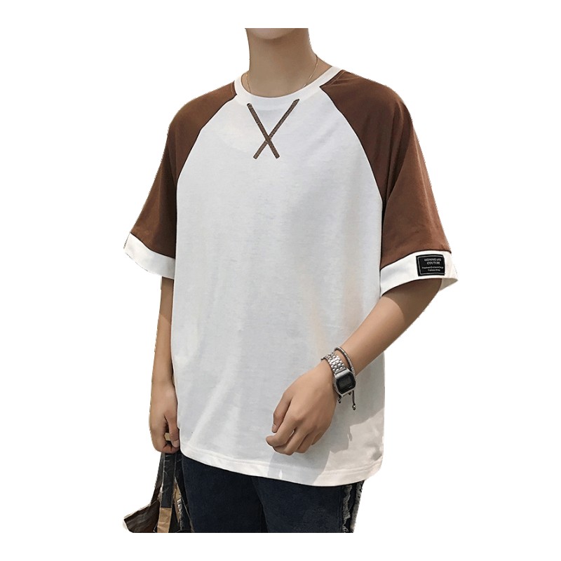 夏季男士短袖T恤韩版帅气学生原宿bf风宽松体恤半袖帅气拼接上衣