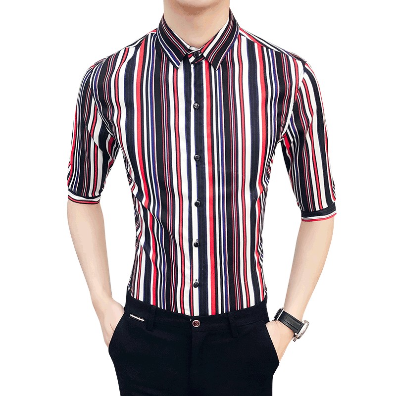 条纹衬衫男七分袖韩版修身帅气帅气型师衬衣夏季年轻中袖寸衫