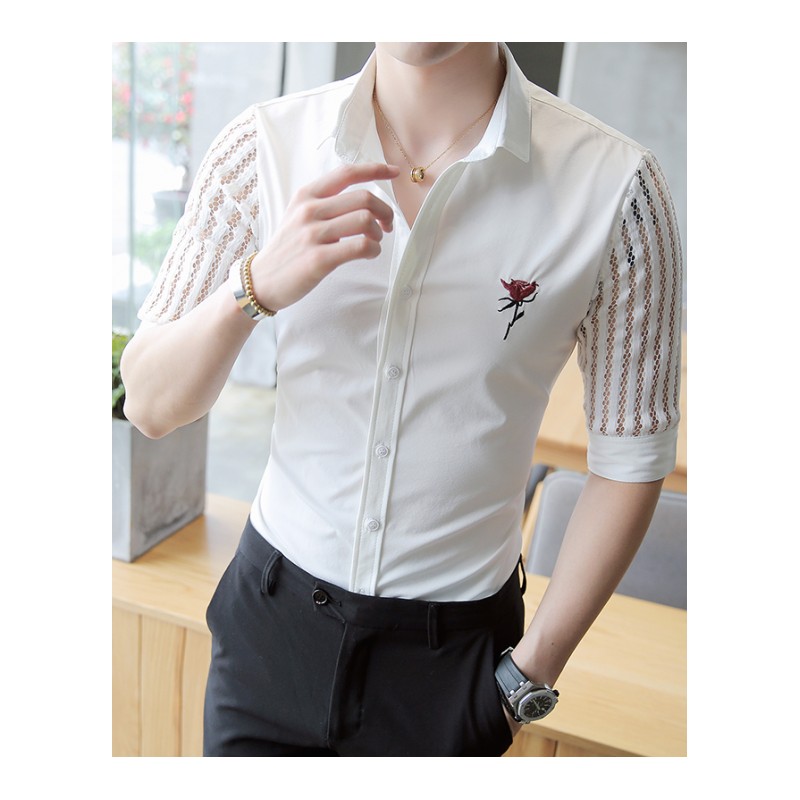 夏季青年帅气衬衫男五分袖修身韩版帅气个性型师中袖衬衣男夜店