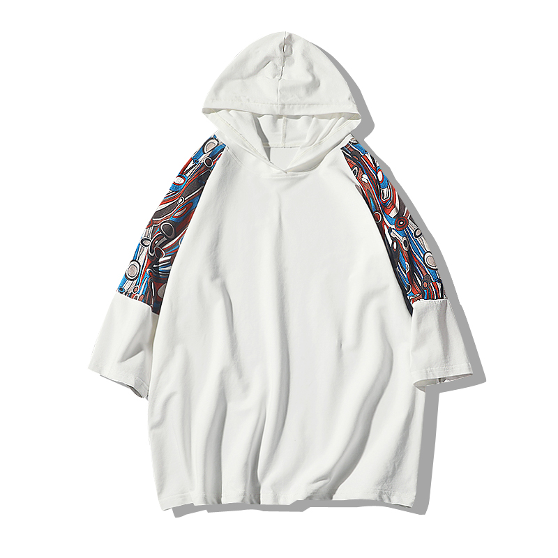 2018夏季年轻男士加肥加大码连帽七分袖卫衣民族风中袖青年T恤5XL