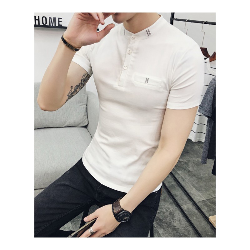 夏季年轻男士韩版修身短袖立领T恤青年帅气拼色POLO衫商务打底衫