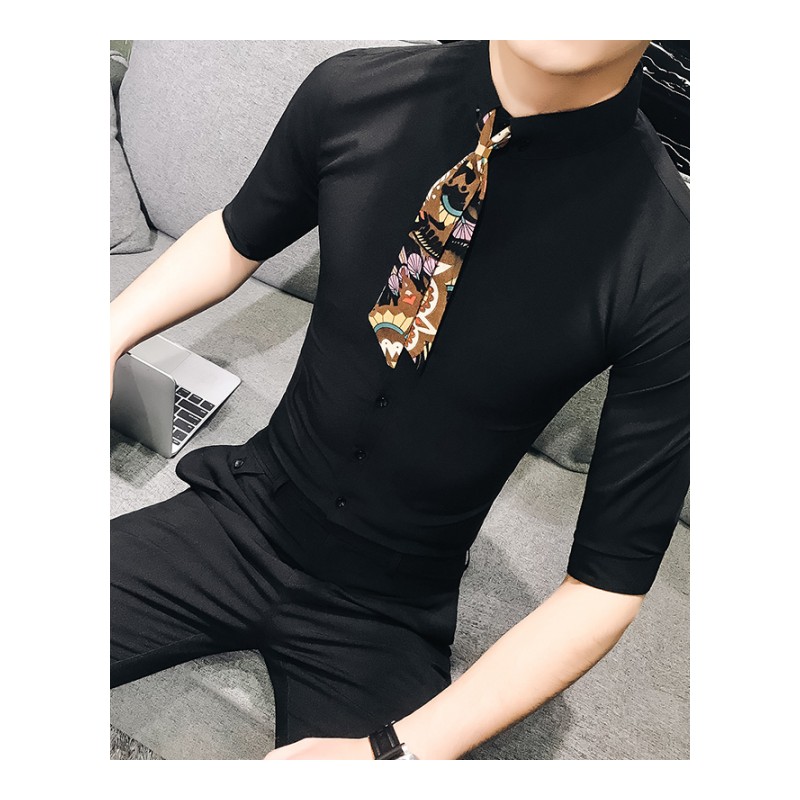2018夏季年轻男士韩版花领带纯色五分袖中袖衬衫型师夜店男寸衣