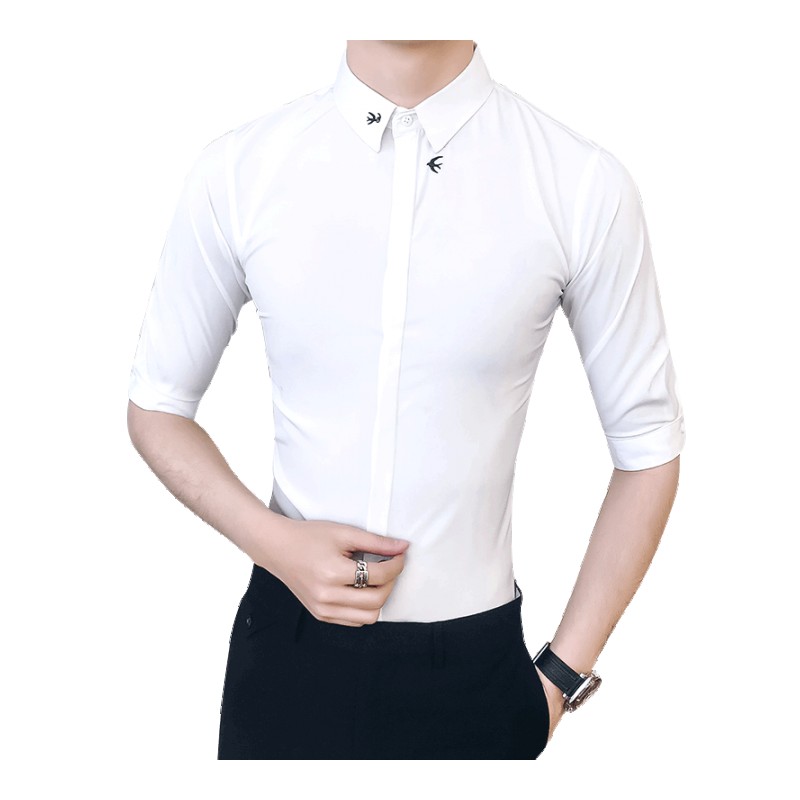 夏季青年刺绣中袖衬衫韩版修身型衬衣美师夜店男装五分袖寸衫潮