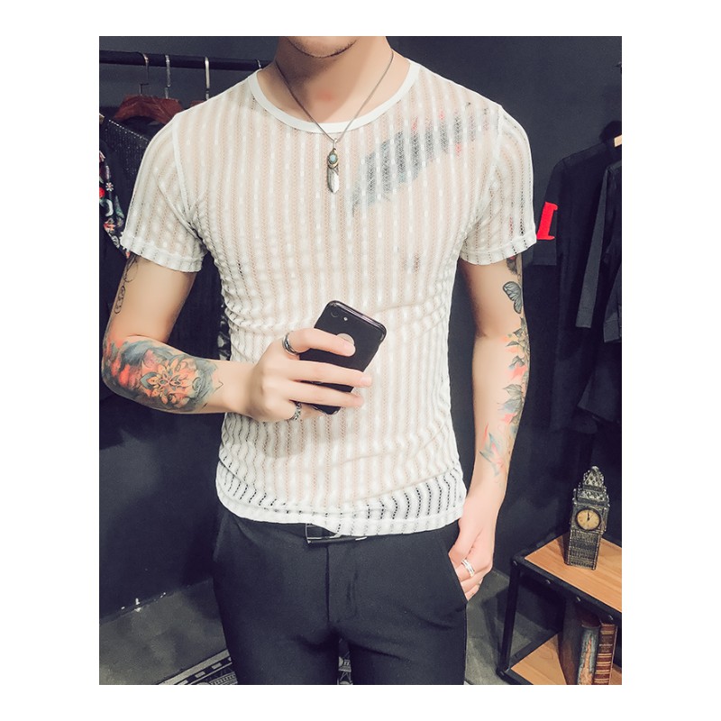 社会小伙短袖T恤精神透视夜店DJ潮男半袖t网纱镂空紧身夏季上衣潮