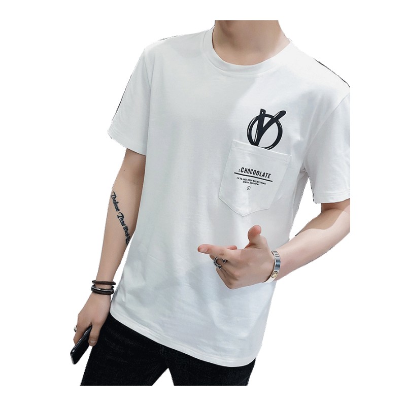 小清新夏季男生休闲印花口袋圆领体恤 韩版潮学生舒适修身短袖T恤