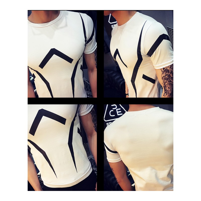 夏季男装印花短袖T恤修身韩版帅气精神小伙半袖棉t弹力打底衫潮衣