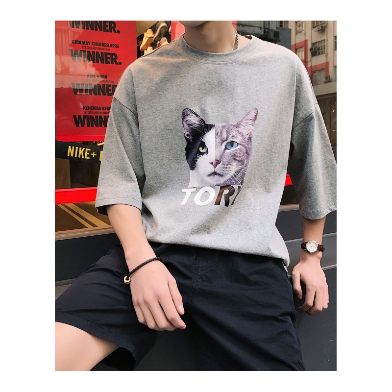 港风夏季年轻帅气个性圆领短袖T恤男韩版宽松卡通印花帅气学生tee