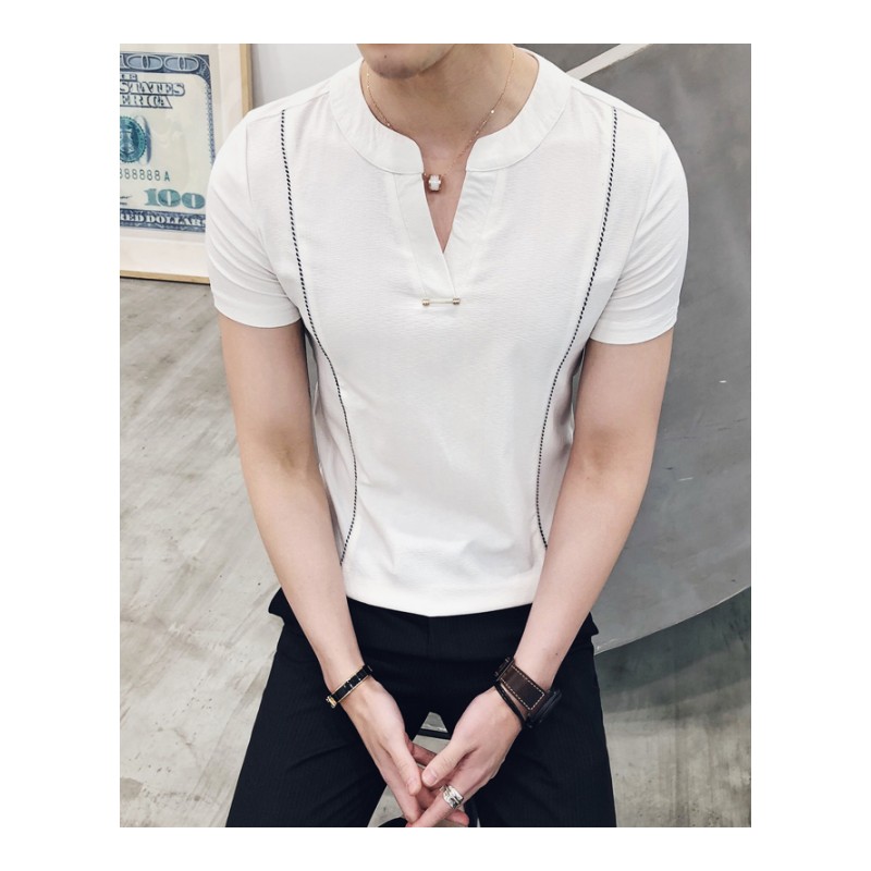 2018夏季年轻短袖男T恤 V领帅气帅气韩版半袖百搭修身男生上衣服
