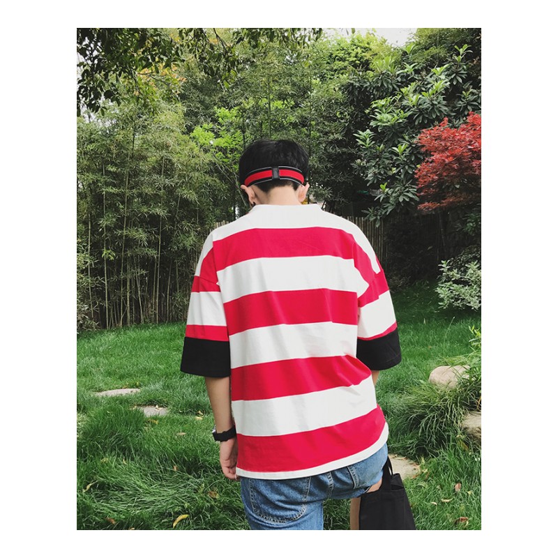 夏季港风条纹短袖T恤男宽松帅气七分袖上衣服韩版帅气学生半截袖