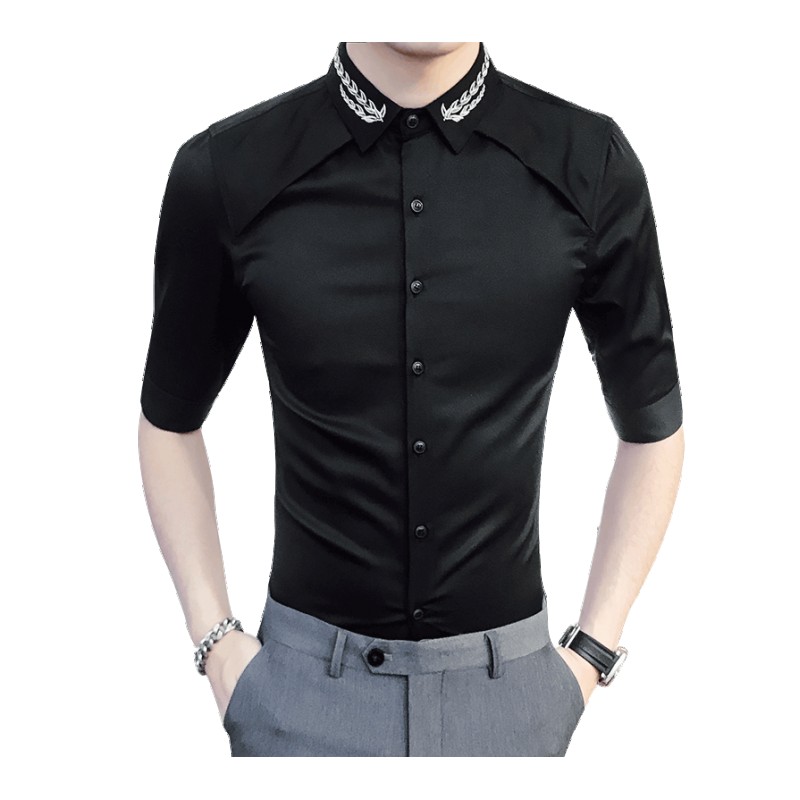 型师衬衫男七分袖韩版修身刺绣男士中袖衬衣帅气帅气7分寸衫夏