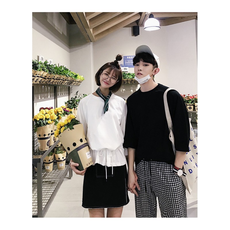 2018夏装年轻个性抽绳短袖情侣装T恤 圆领男女体恤衫BF风帅气纯色