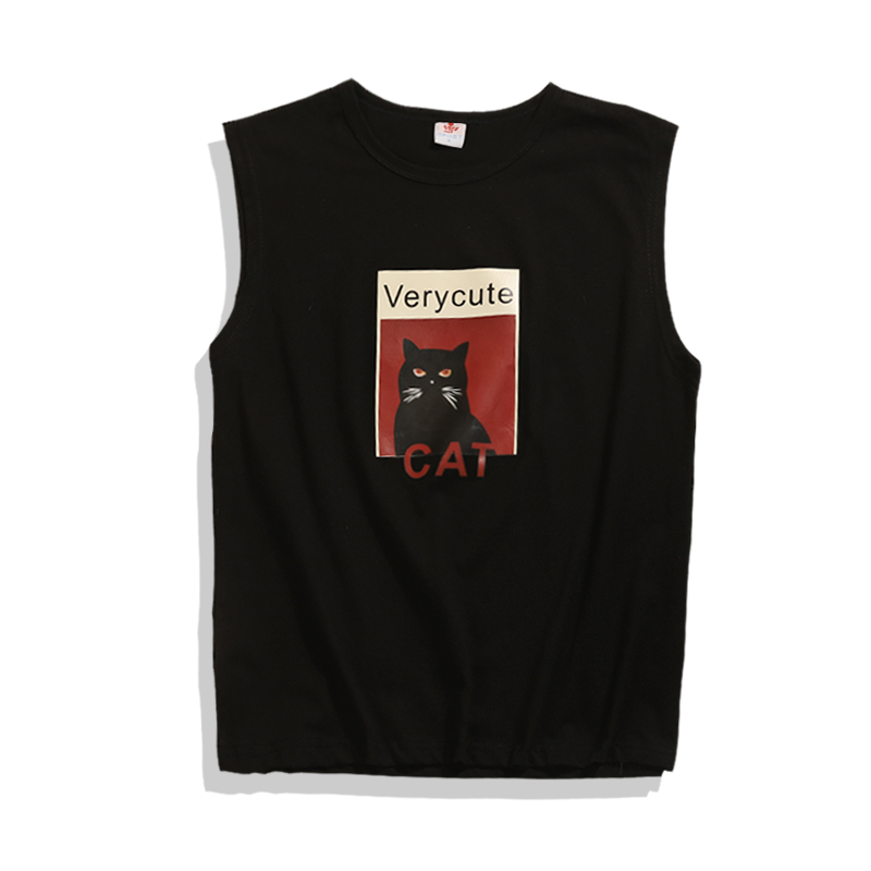 18夏季帅气休闲潮人男士情侣猫咪印花沙滩背心宽松青年学生衣服