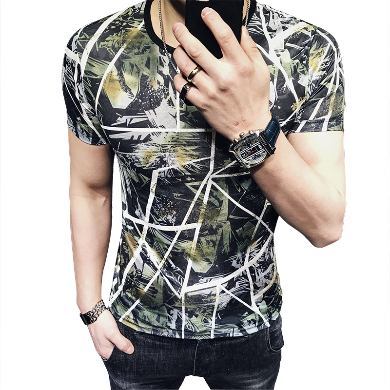 夏季男士短袖T恤韩版社会精神小伙花色衣服个性红人青年半袖潮