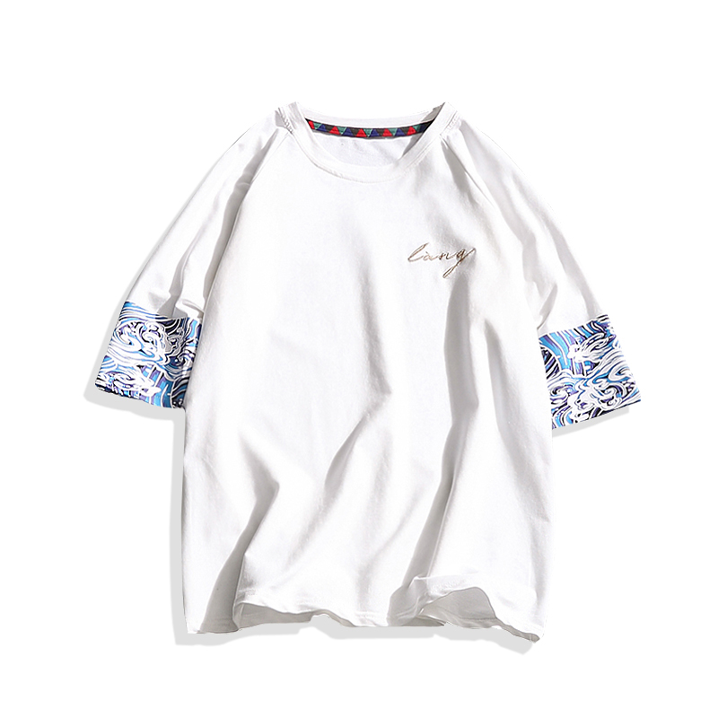 2018春夏5分短袖T恤男士大码宽松复古中国风刺绣韩版帅气百搭男装