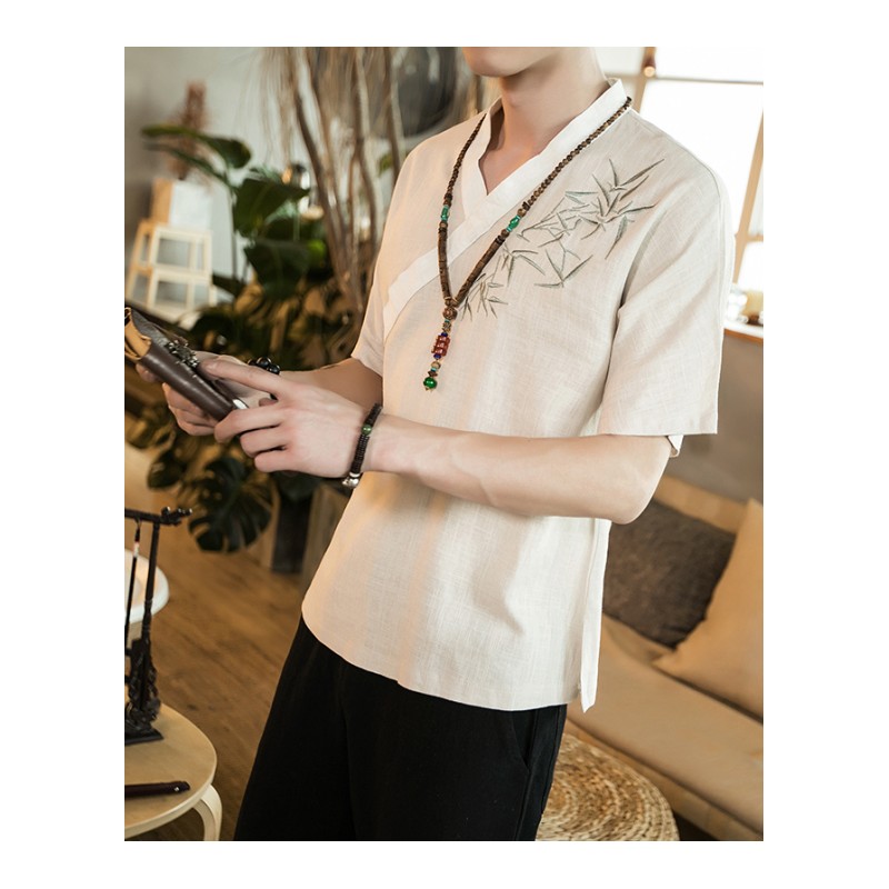 夏季中国风亚麻刺绣短袖T恤男加肥加大码休闲半袖潮胖薄男装体恤
