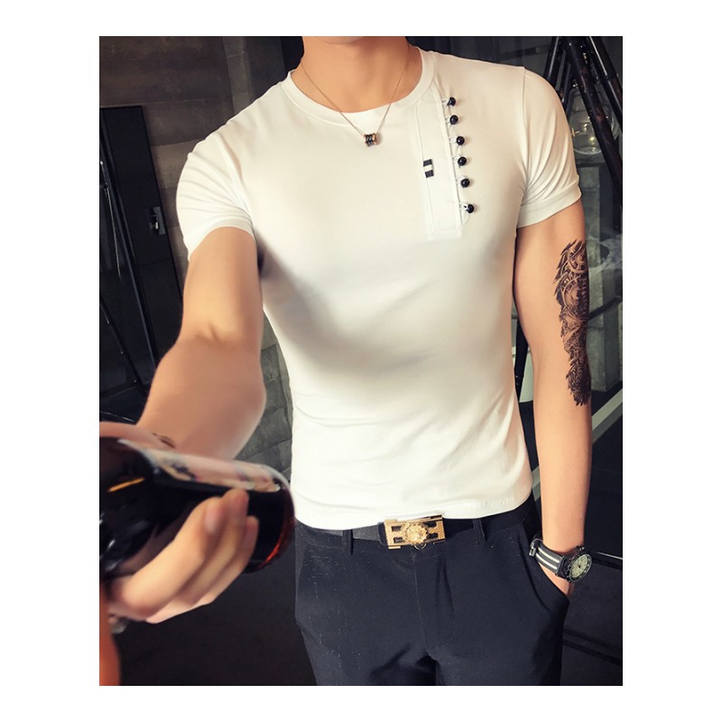 2018春夏季青年修身圆领短袖T恤男士韩版帅气社会小伙体恤上衣