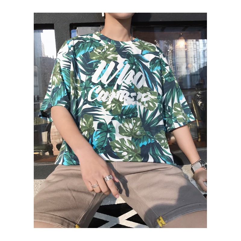 原宿风夏装花卉字母印花宽松bf短袖男韩版半袖港风情侣小清新T恤