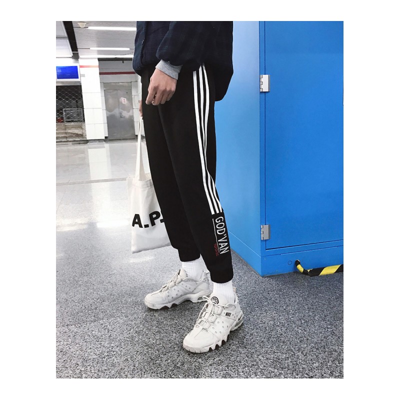 港风春夏季年轻条纹束脚九分运动裤子韩版宽松三条杠小脚哈伦裤潮