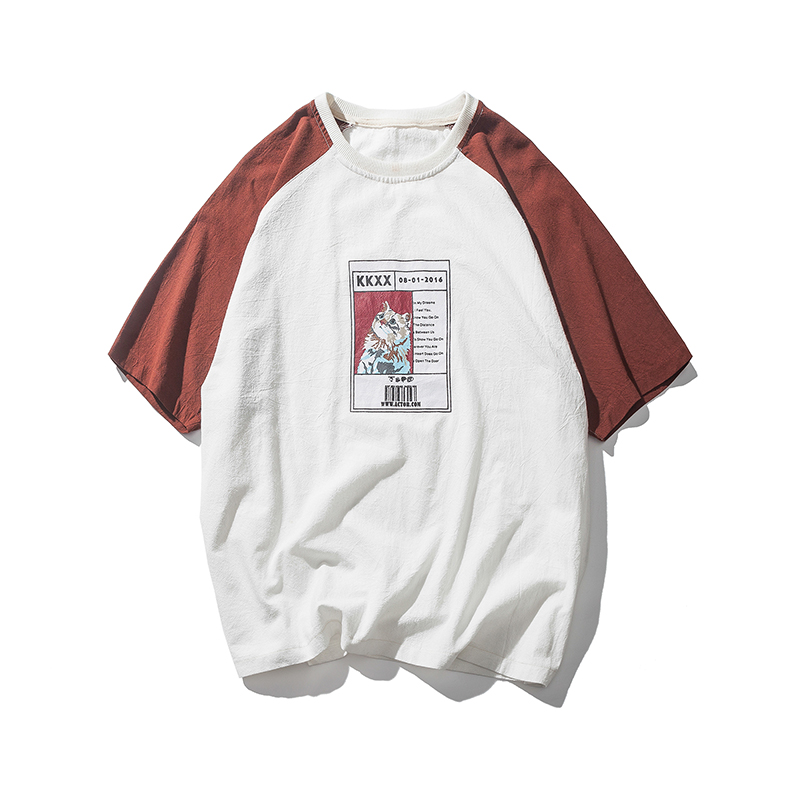 帅气2018夏季撞色短袖男生休闲宽松卡通印花T恤青少年拼色半袖潮