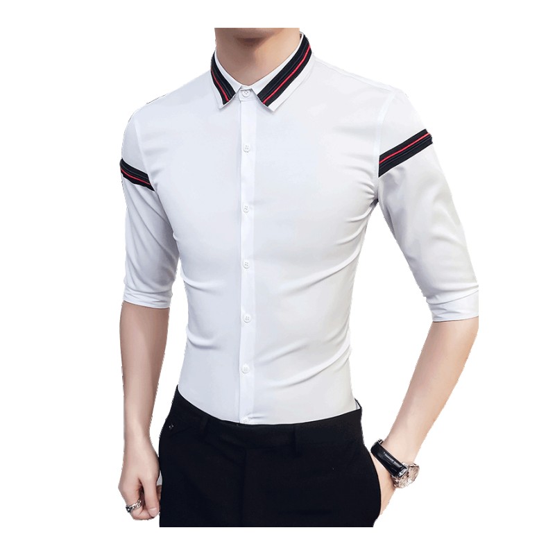 2018夏装男士短袖衬衫七分袖修身青年韩版型师帅气帅气中袖衬衣